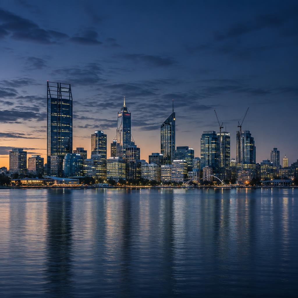 Perth central business district at dusk, seen across the Swan River
