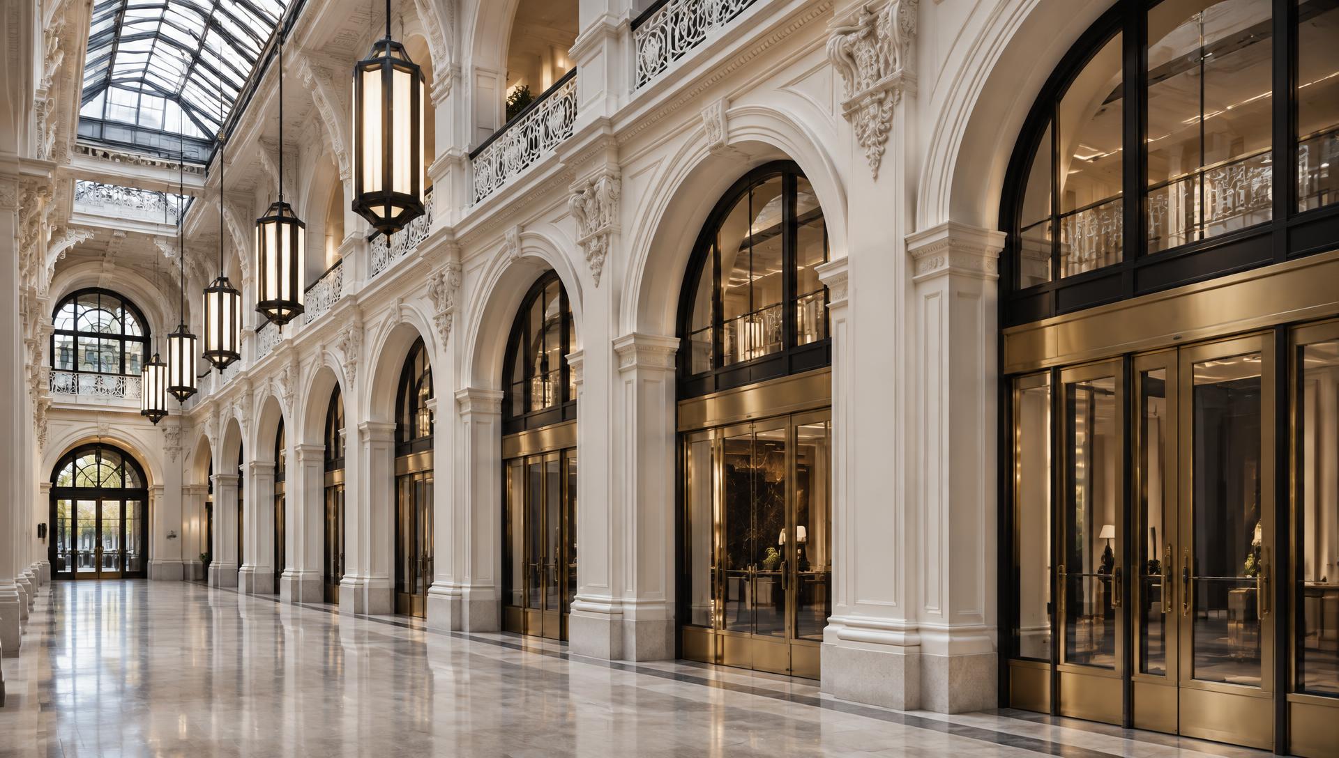 Heritage arcade colonnade with cream plaster arches, brass shopfronts and a row of glowing pendant lights